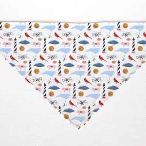 May include: White triangular bandana with a repeating pattern of North Carolina state symbols. The design includes red cardinals, basketballs, airplanes, pigs, lighthouses, and the state outline.