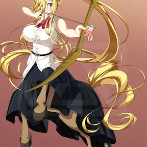 Peut inclure: Une femme blonde aux yeux bleus, portant une chemise blanche, une jupe noire et un nœud papillon rouge, tient un arc et une flèche. Elle a le bas du corps d'un cheval. L'arrière-plan est un motif rose et blanc.