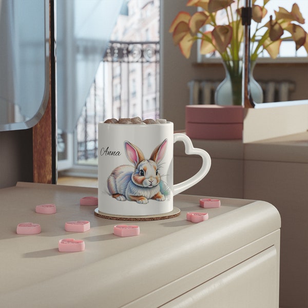 Herzförmige Tasse mit individuellem Namen, Personalisierte Tasse, niedliche Hasen-Kaffeetasse, anpassbares Geschenk