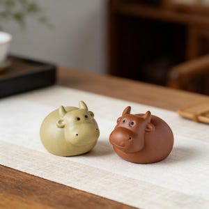 May include: Two ceramic cow figurines. One is light green, the other is brown. Both have small horns, smiling faces, and rounded bodies. They are sitting on a cream-coloured surface.