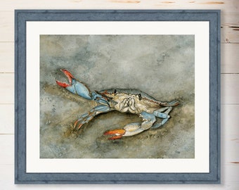 Waving Blue Crab 20" x 16" Giclee Fine Art Print of watercolor painting
