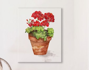 Géranium rouge en fleurs en pot, toile tendue de 30,5 x 30,5 cm (11 x 14 po.) de profondeur, impression d'art aquarelle prête à accrocher