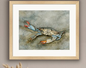 Waving Blue Crab  11" x 14" Giclee Fine Art Print of watercolor painting