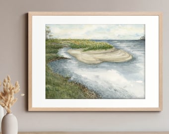 Hunting Island SC Lowcountry Marsh 16 "x 12" Impression giclée d'art de la peinture à l'aquarelle Paysage côtier des marais salants et de l'océan Atlantique