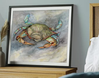 Blue Crab Watercolor Giclée Print: Coastal Beach House Art (10" x 8")