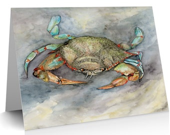 Crabe bleu dans les marais salants, lot de cinq aquarelles Invitation, note personnelle, carte d'anniversaire, cadeau papeterie