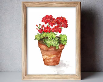 Géranium rouge en fleurs dans un pot 20 x 10 po. Impression giclée d'art de peinture à l'aquarelle Art mural floral Pot de fleur de ferme Art d'été