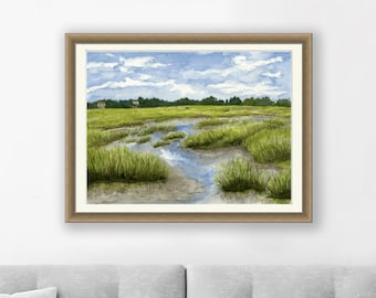 Summer at Fish Haul Beach, Hilton Head Island, 24" x18" Watercolor Giclee Fine Art Print on Linen Paper with 1/2" border