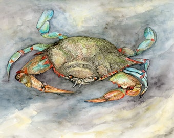 Crabe bleu dans les marais salants 10 x 20 cm, giclée d'art, peinture aquarelle, art mural côtier, décoration de maison de plage, art nautique