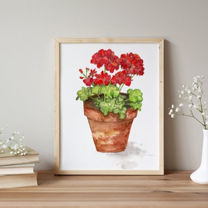 Blooming Red Geranium in Pot 11&quot; x 14&quot; Giclée Fine Art Print of watercolor painting Floral wall art