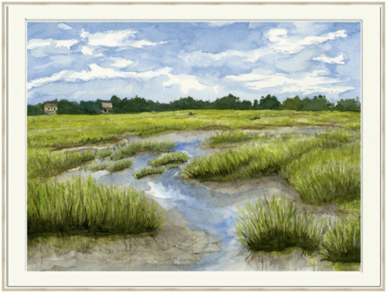 L'été à Fish Haul Beach, île de Hilton Head, impression giclée d'art aquarelle 61 x 40 cm sur papier de lin avec bordure de 1/2 po. Paysage de marais. image 4