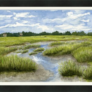 L'été à Fish Haul Beach, île de Hilton Head, impression giclée d'art aquarelle 61 x 40 cm sur papier de lin avec bordure de 1/2 po. Paysage de marais. image 3