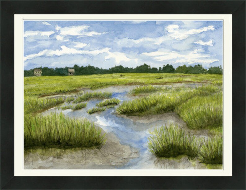 L'été à Fish Haul Beach, île de Hilton Head, impression giclée d'art aquarelle 61 x 40 cm sur papier de lin avec bordure de 1/2 po. Paysage de marais. image 3