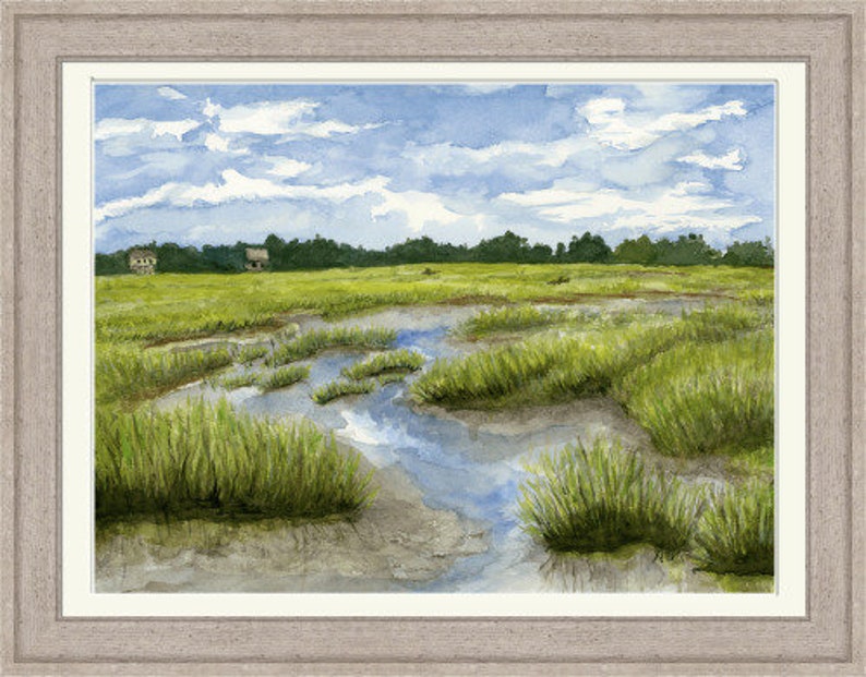 L'été à Fish Haul Beach, île de Hilton Head, impression giclée d'art aquarelle 61 x 40 cm sur papier de lin avec bordure de 1/2 po. Paysage de marais. image 2