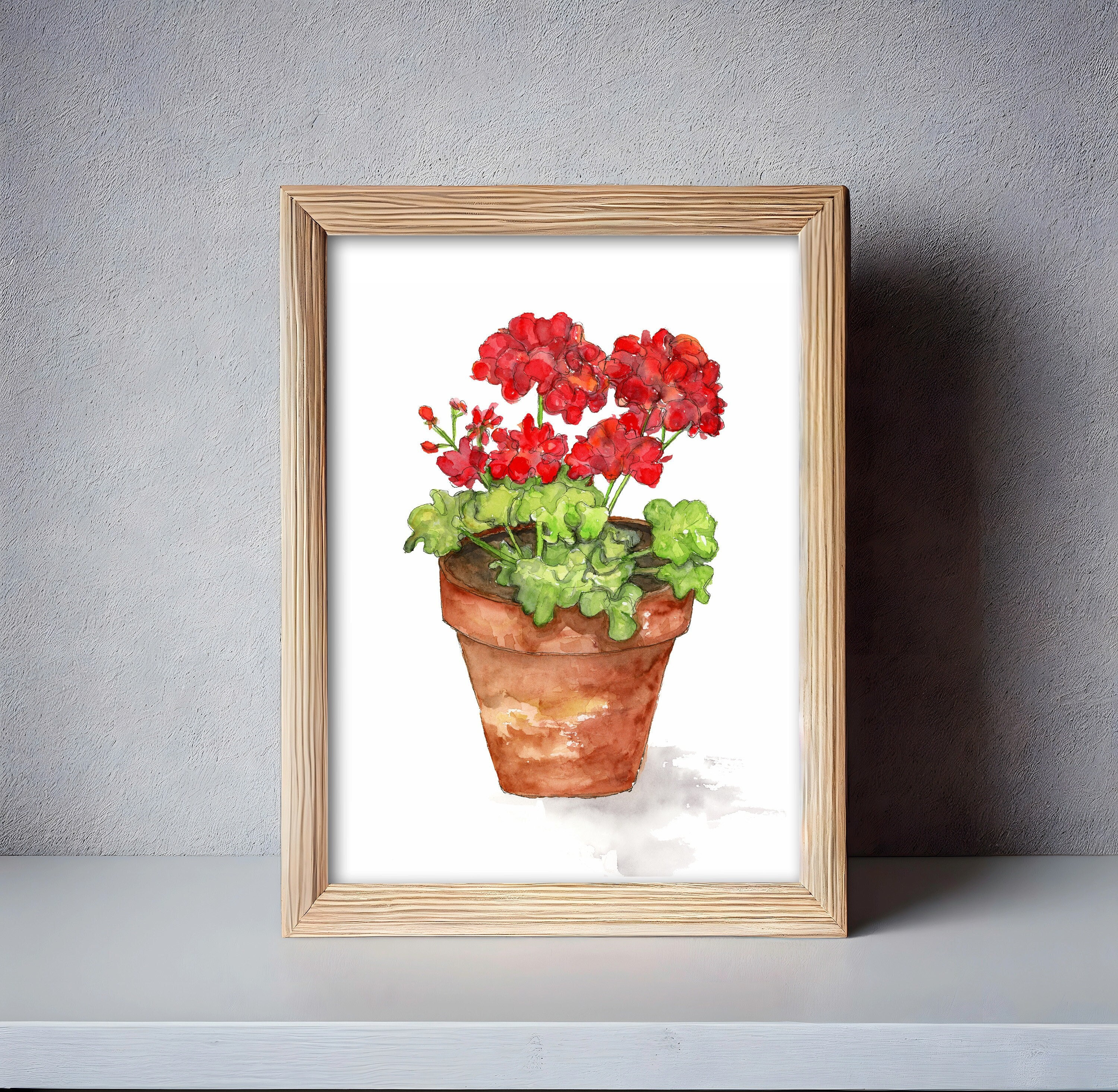 Red Geranium in Pot Giclée Art Print of Watercolor Painting (8x10