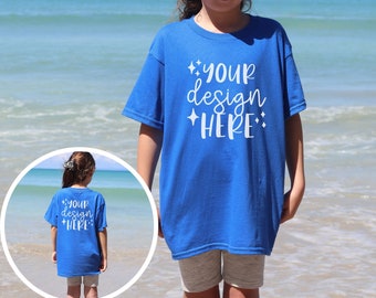 Royal Gildan 5000b Mockup Front and Back, Real Child Model Mockup, Kids Tshirt Mockup Blue, Youth T-Shirt Mockup, Toddler TShirt Mockup, JPG