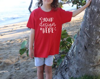 Kids Mockups, Red Gildan 5000b Mockup Bundle, Beach Mockup, Youth Tshirt Mockup Red, Kids Tshirt Mockup Red, Toddler Mockup