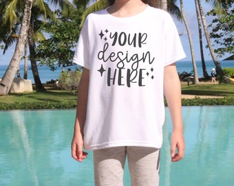 Kids Mockups Bundle Summer, Front & Back, Gildan 5000b Mockup Bundle, Beach Mockup, Youth White Tshirt Mockup White, Toddler Tshirt Mockup