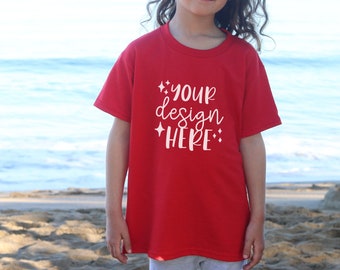 Kids Mockups, Red Gildan 5000b Mockup Bundle, Beach Mockup, Youth Tshirt Mockup Red, Kids Tshirt Mockup Red, Toddler Mockup