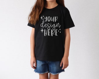 Black Gildan 5000B Youth Mockup, Gildan Black Kids Tshirt Mock-Up, Toddler TShirt Mockup, Summer Mockup