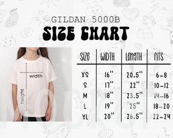 Tableau des tailles Gildan 500B, Tableau des tailles Gildan 5000B pour enfants, Tableau des tailles des t-shirts pour enfants 5000B, Tableau des tailles pour les jeunes Chemise Gildan pour enfants