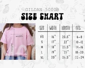 Tableau des tailles Gildan 500B, Tableau des tailles Gildan 5000B pour enfants, Tableau des tailles des t-shirts pour enfants 5000B, Tableau des tailles pour les jeunes Chemise Gildan pour enfants