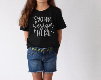 Black Gildan 5000B Youth Mockup, Gildan Black Kids Tshirt Mock-Up, Toddler TShirt Mockup, Summer Mockup