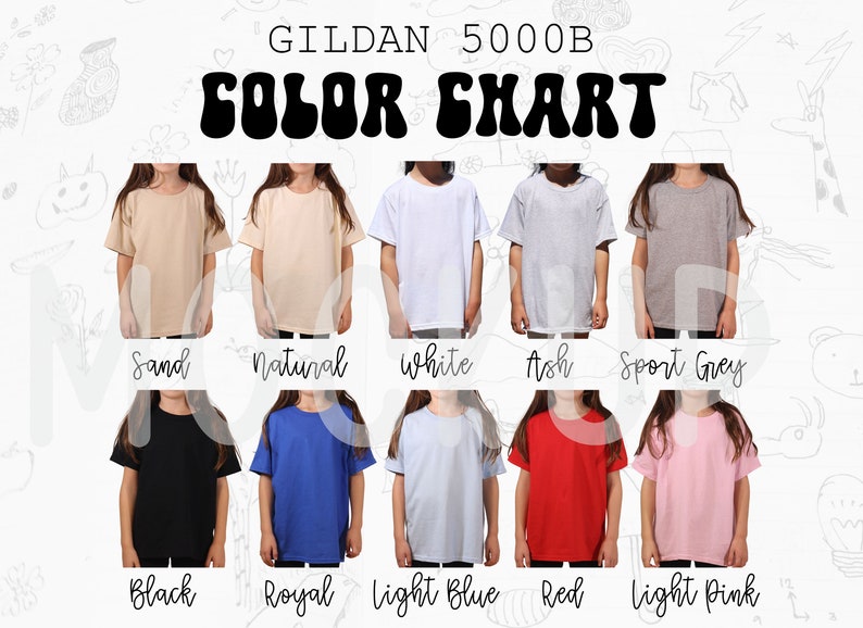 Peut inclure: Nuancier de couleurs pour les t-shirts Gildan 5000B. Le nuancier pr&eacute;sente 10 couleurs diff&eacute;rentes&nbsp;: sable, naturel, blanc, gris cendr&eacute;, gris sport, noir, bleu royal, bleu clair, rouge et rose clair.