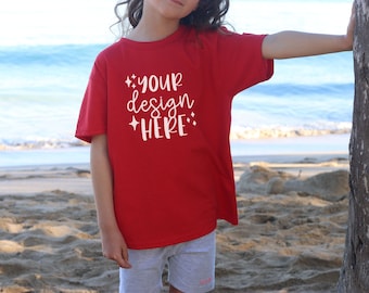 Toddler Mockups, Red Gildan 5000b Mockup Bundle, Kid Beach Mockup, Youth Tshirt Mockup Red, Kids Tshirt Mockup Red, Toddler Mockup