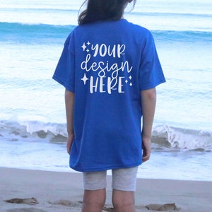 Kids Mockups Bundle Royal, Front & Back, Gildan 5000b Mockup Bundle, Beach Mockup, Youth Tshirt Mockup Blue, Toddler Tshirt Mockup