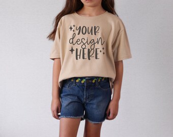 Sand Gildan 5000B Youth Mockup, Gildan Sand Kids Tshirt Mock-Up, Toddler TShirt Mockup, Summer Mockup