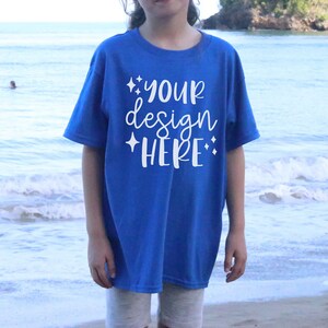 Kids Mockups Bundle Royal, Front & Back, Gildan 5000b Mockup Bundle, Beach Mockup, Youth Tshirt Mockup Blue, Toddler Tshirt Mockup