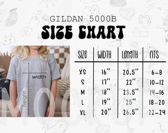 Tableau des tailles Gildan 500B, Tableau des tailles Gildan 5000B pour enfants, Tableau des tailles des t-shirts pour enfants 5000B, Tableau des tailles pour les jeunes Chemise Gildan pour enfants