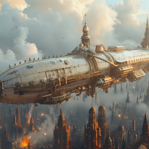 Steampunk luchtschip boven de skyline van de stad - digitale kunst downloaden
