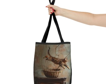 Jumping Bengal Cat tote bag with a basket in the background
