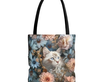 Blue eyed snow bengal cat tote bag with a floral scene in the background** Free Shipping*