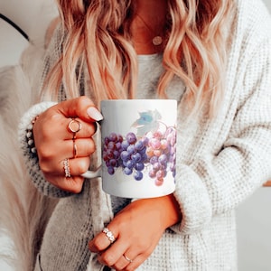 Grapevine Harvest 11 oz Coffee Mug - Red and Purple Grapes on White Ceramic **Free Shipping**