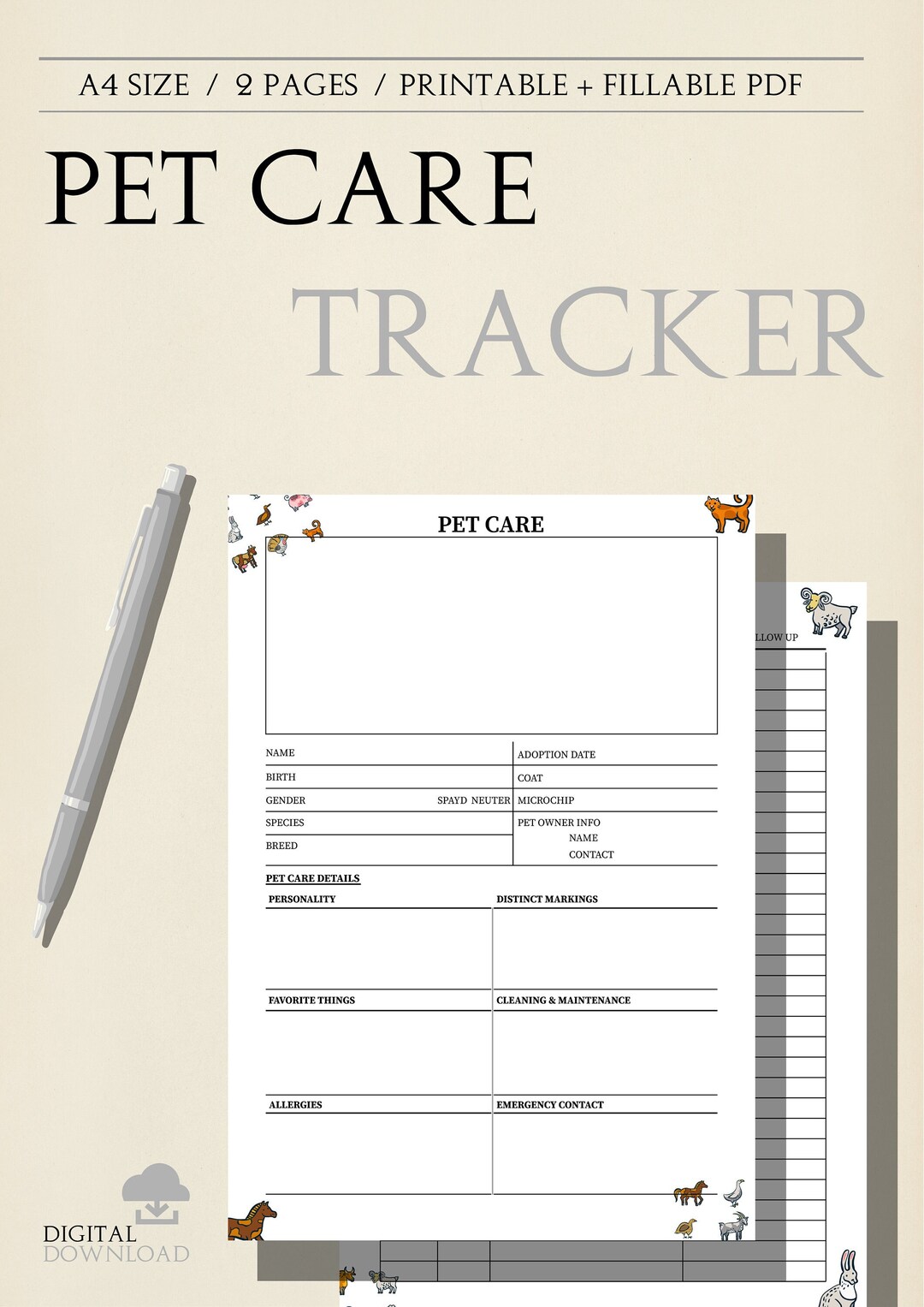PET CARE TRACKER Printable Pet Health Planner Daily Routine Log ...