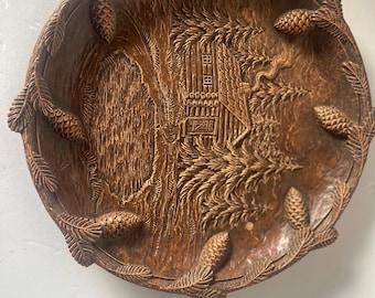 Vintage Carved Wood Look Tray Log Cabin In Pine Forest Pine Cones and and Needles Rustic Getaway Tray