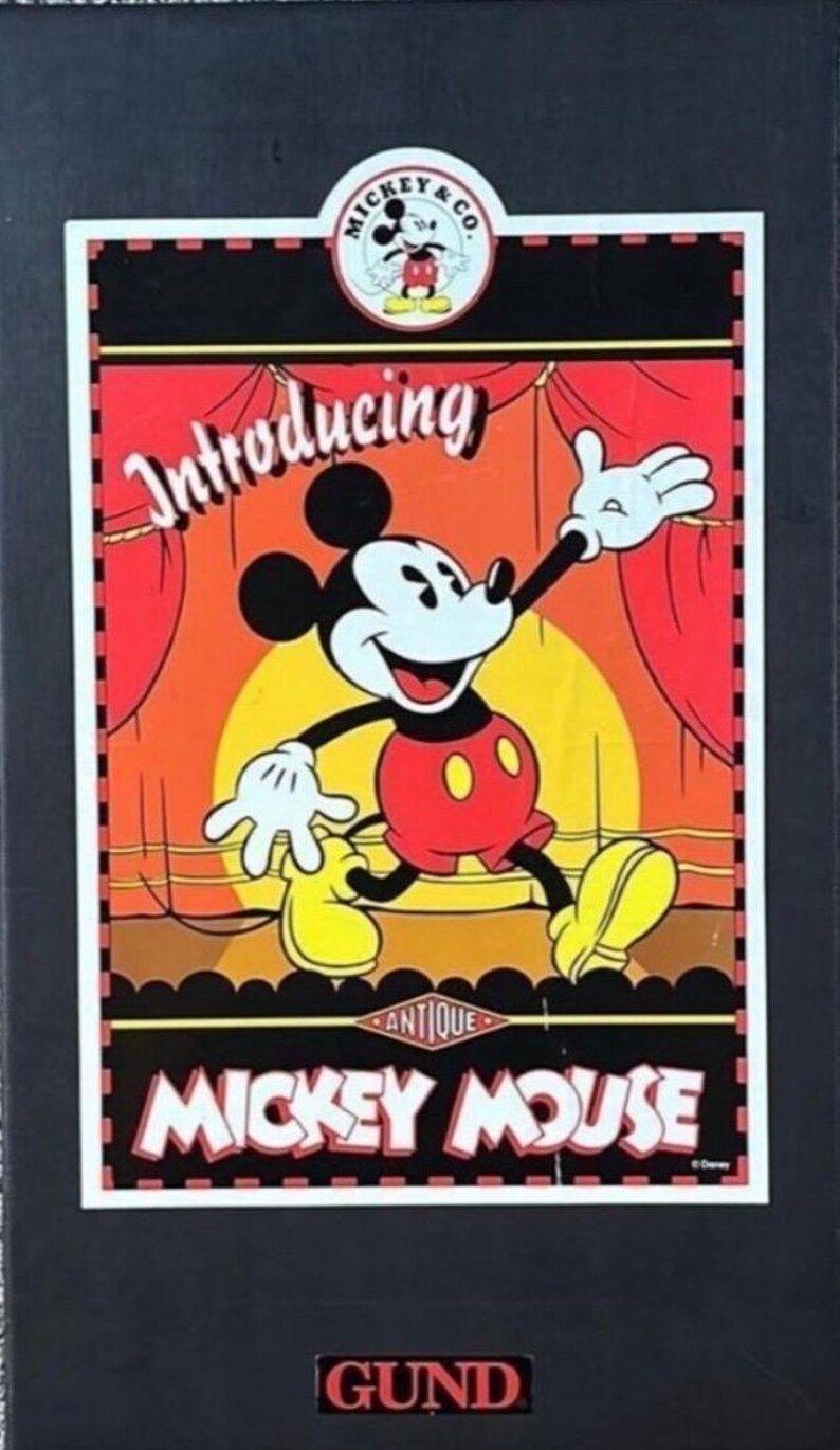 May include: Vintage Mickey Mouse poster featuring Mickey in a red shorts, yellow shoes, and white gloves. The poster has the text "Introducing" and "Antique Mickey Mouse" with the Gund logo at the bottom. The background is a stage setting.