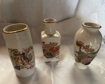 Vintage 1950s Japanese Handpainted Miniature Porcelain Vases (3) Satsuma Japanese