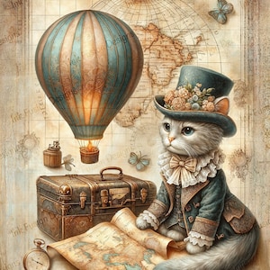 Whiskers the Traveler / Carta decorativa / Stampa di gatto Steampunk / Alta qualità / Opzioni di carta e formato