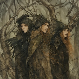 Jeunes filles de Red Grove | Papier d'art décoratif | Trois femmes mystiques de la forêt | Haute qualité | Plusieurs options de format et de papier disponibles