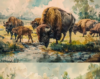 Bison Aquarell Kunst Papier: Prärie Landschaft, Decoupage Basteln