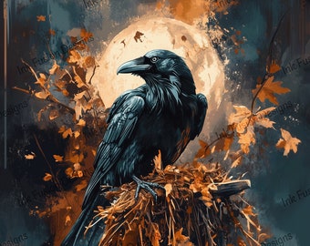Raven and Fall Leaves Art Print: Moody Halloween Decor