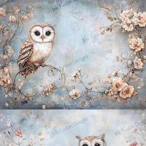 Owl & Roses Art Paper: Whimsical Woodland Print for Decoupage