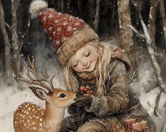 Girl and Fawn Art Print: Winter Forest Scene, Holiday Decor