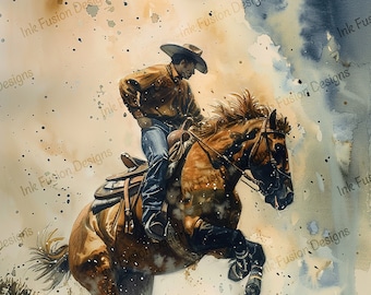 Cowboy on Rearing Horse Art Paper: Wild West Decor