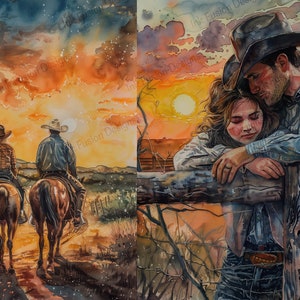Country Romance - 2 immagini 1 foglio / Carta decorativa / Tramonto romantico western / Alta qualità / Opzioni carta e formato