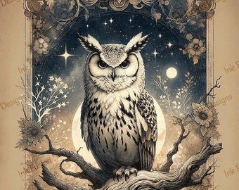 Himmlische Eule Poster: Vintage Mond & Sterne mit Blumenmuster